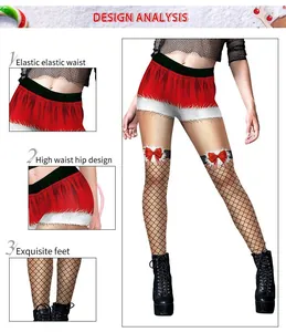 Detail showing high waist elastic band and festive red bow on Christmas fishnet leggings