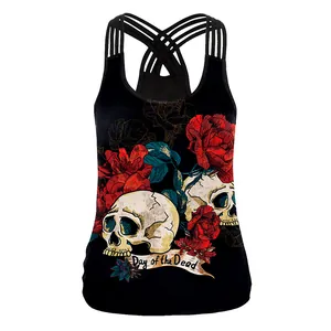 Women's black Halloween skull and rose print tank top with strappy racerback detail