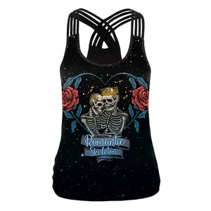 Halloween women's black camisole featuring romantic skull print and cross back straps