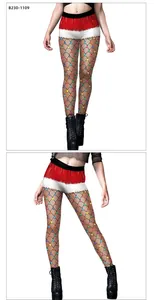 Detail showing Christmas themed high waist leggings with Santa belt and light patterns