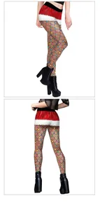 Detail view of Christmas fishnet leggings with Santa belt decor and bulb print