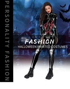 Close-up of skeleton and red horror face digital printing on a sleek bodycon jumpsuit