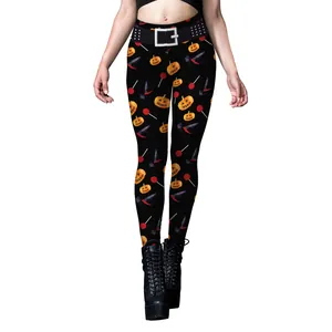 Leggings di Halloween da donna con stampa zucca e cappello da strega su tessuto nero