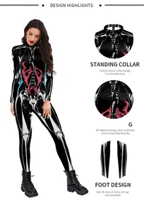 Detail view of 3D skeleton digital print on black slim-fit Halloween bodysuit