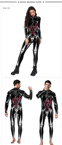 Detailed views of digital skeleton print jumpsuits for men and women on white background