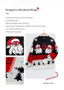 Détail du pull de Noël vintage avec motifs tricotés du Père Noël, de flocons et de sapins
