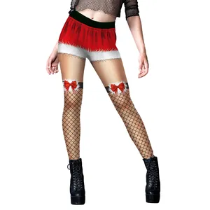 Women's Christmas costume set featuring red velvet shorts and black fishnet stockings