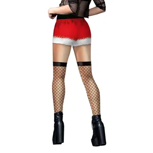 Women's Christmas themed red shorts with white faux fur trim shown from the back view