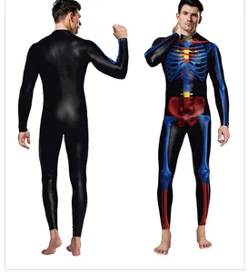 Front and back view of skeleton bodysuit with S-shield logo for Halloween costumes