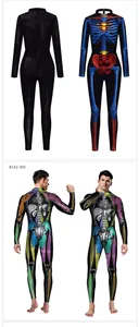 Detail view of colorful 3D skeleton print on black Halloween cosplay jumpsuit
