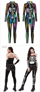 Detailed views of Halloween skeleton bodysuits with anatomical organ prints and mesh inserts