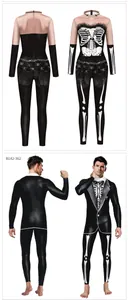 Detail view of skeleton print Halloween jumpsuits with intricate lace and suit graphics