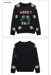 Vue avant et arrière d'un pull de Noël noir avec broderie de paillettes Merry Xmas