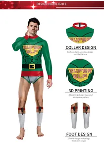 Λεπτομέρεια στολής Super Elf με 3D μυϊκό τύπωμα και ριγέ κάλτσες με ζαρτιέρες