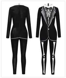 Detail of invisible back zipper and full body skeleton print on Halloween jumpsuit