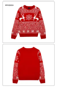 Détails du pull de Noël rouge avec motifs de rennes et flocons de neige et bords côtelés