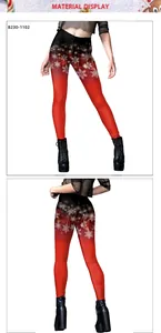 Detail view showing front and back of red and black Christmas snowflake leggings