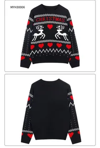 Vues détaillées avant et arrière du pull de Noël noir avec motifs rennes et cœurs rouges