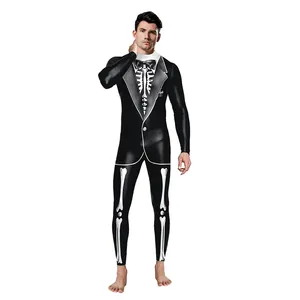 Skeleton tuxedo print bodysuit for Halloween, long sleeve slim fit spandex jumpsuit