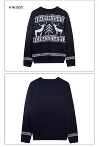 Détails avant et arrière d'un pull de Noël bleu marine avec motifs de rennes et flocons de neige