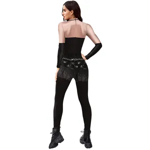 Women's Halloween bodysuit featuring back skull print and sheer mesh paneling