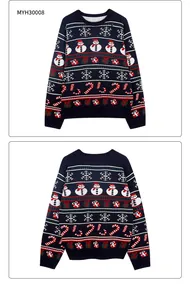 Gros plan détaillé d'un pull de Noël bleu marine avec bonhommes de neige et motifs festifs