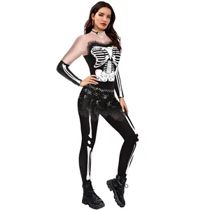 Women Halloween jumpsuit with realistic skeleton digital print and lace detail