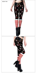Detailed Christmas leggings with snowman prints and festive red white striped leg patterns