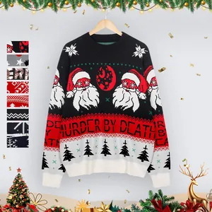 Pull de Noël en Tricot pour Femme Col Rond Vintage Manches Longues Jacquard Pull Moche Motifs Père Noël Flocons de Neige