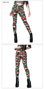 Detailed view of high-waist Christmas leggings with festive pug and snowflake print