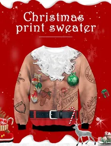 Detailansicht des Weihnachtspullovers mit realistischen 3D-Weihnachtsmann-Tattoo-Drucken