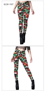 Detail of Christmas pug print leggings showing festive red and green high-waist stretch fabric