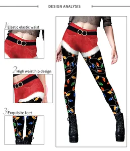 Detail view of high waist Christmas leggings featuring a Santa belt and holiday lights pattern