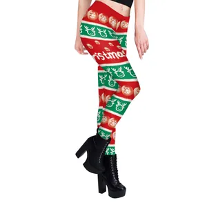 Leggings de Noël pour femmes avec imprimé renne rouge et vert sur fond blanc éclatant