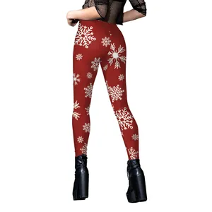 Women's Christmas leggings featuring festive red color and white snowflake pattern prints