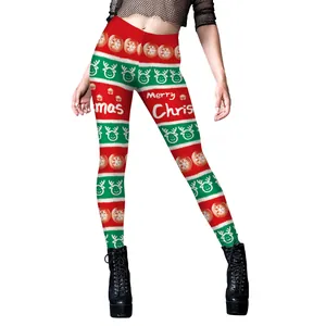 Leggings de Noël à rayures rouges et vertes avec motifs de rennes et de flocons