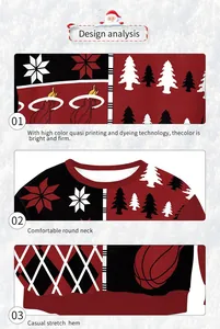 Detailed view of Christmas sweatshirt featuring basketball graphics and comfortable round neck