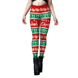 Leggings de Noël pour femmes avec motifs festifs de rennes et flocons rouges et verts