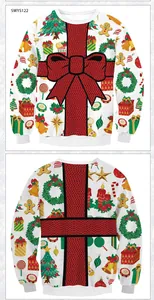 Detailed front and back view of white Christmas sweatshirt with festive digital prints