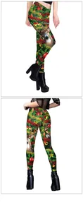 Detailed views of Christmas leggings with reindeer and ornament patterns from two angles
