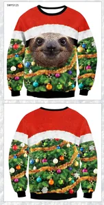 Christmas sweatshirt detail with digital sloth print and festive tree decorations