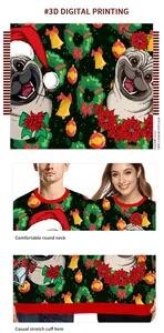 Details des 3D-Mops-Prints und des roten Rippkragens am Weihnachts-Sweatshirt
