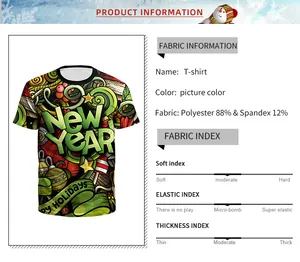 Detail van 88% polyester en 12% spandex stof voor T-shirt met Nieuwjaar-opdruk