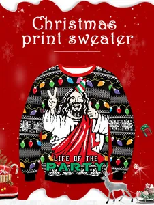 Detailopname van Life of the Party Jezus-print op zwarte kerstsweater voor duo