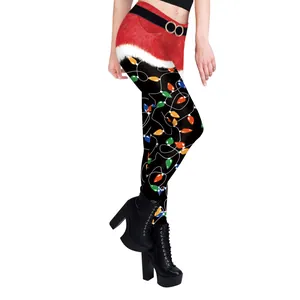 Women's high elasticity Christmas leggings with Santa belt and festive light bulb patterns