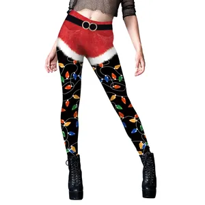 Christmas yoga leggings with Santa belt print and colorful holiday string lights design