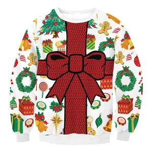 Christmas digital print white sweatshirt with red plaid bow and festive holiday patterns