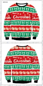 Voor- en achterkant van een kerstsweater met rendierprint en gestreept feestelijk dessin