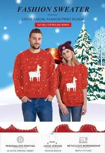 Detail of red Christmas sweatshirt featuring white llama print and festive slogan