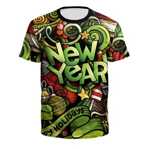 Kerst t-shirt voor heren met feestelijke groene New Year prints en een ronde hals